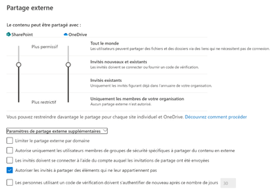 Screenshot administration SharePoint partage externe