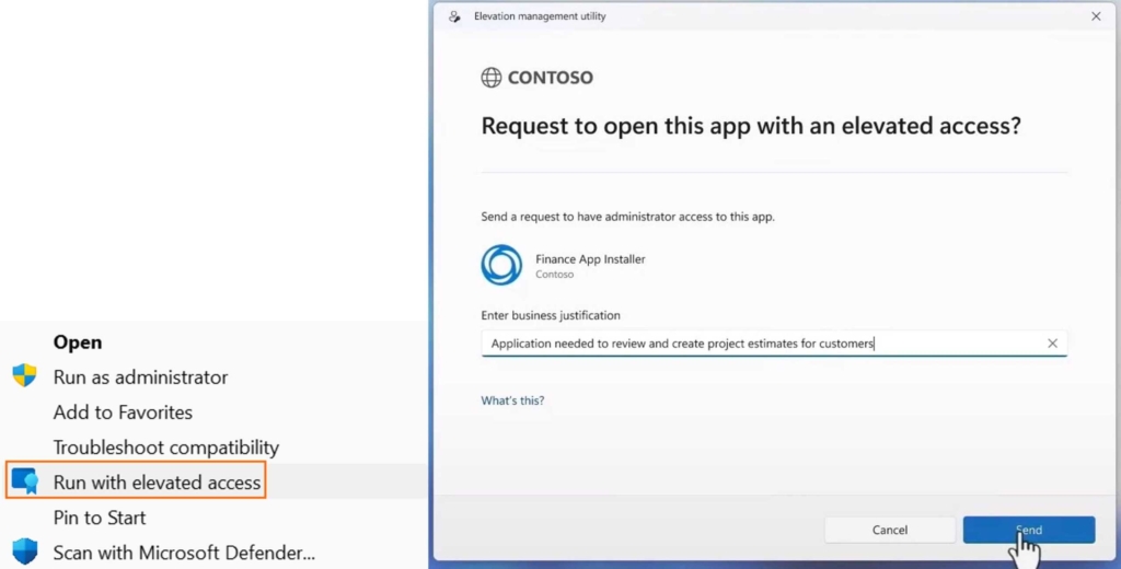 Feature run elevated access dans intune suite